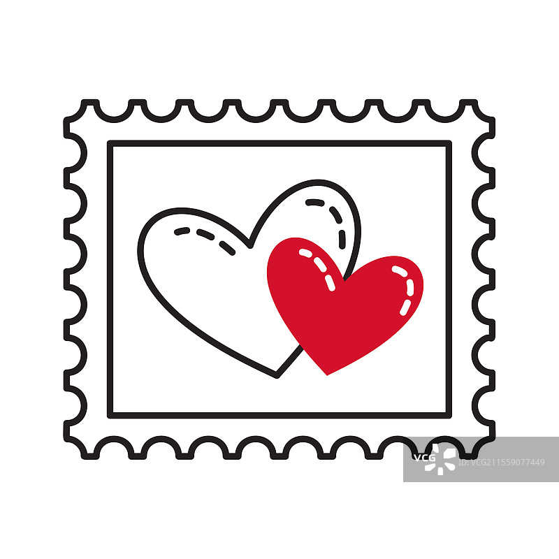 邮票上有两个心形涂鸦，扁平风格图片素材