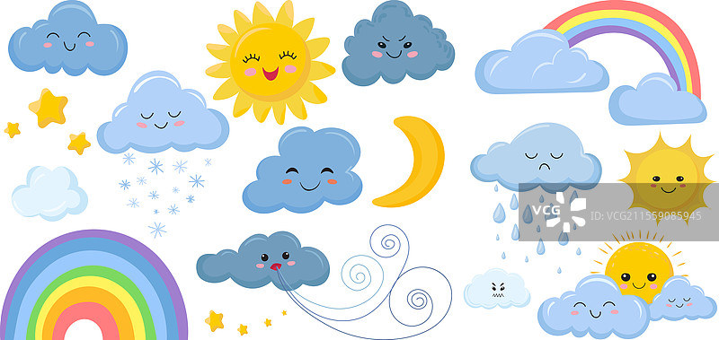 一组以涂鸦风格绘制的天气角色，独立展示图片素材