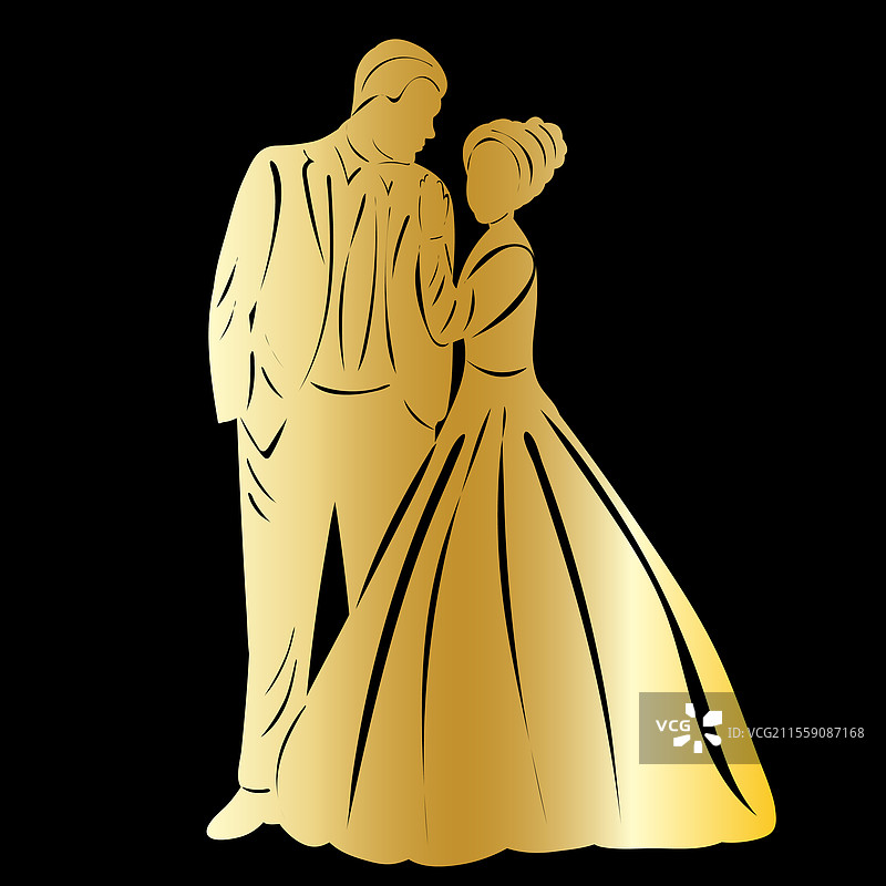 黑色背景上的金色新郎新娘剪影图片素材