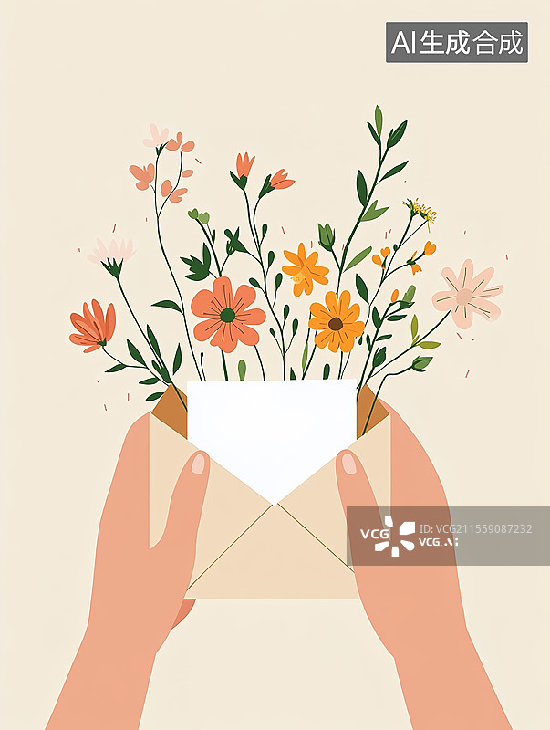 【AI数字艺术】清新风格双手拿着开满鲜花的请柬图片素材