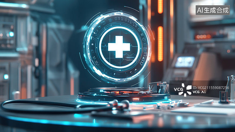 【AI数字艺术】医院医疗设备背景下的发光医疗红十字图标图片素材