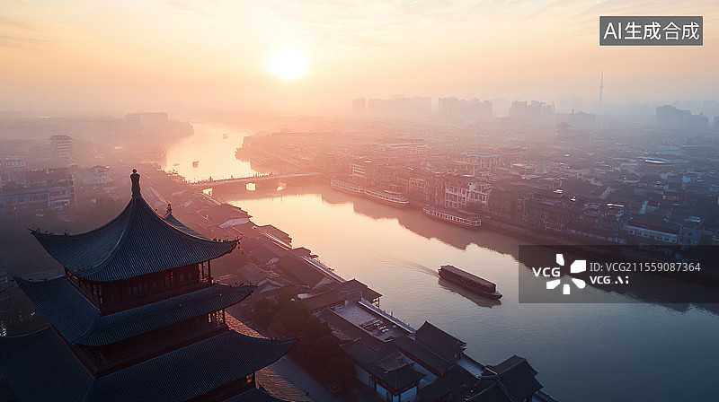 【AI数字艺术】江南古镇运河和楼阁黄昏高视角风景图片素材