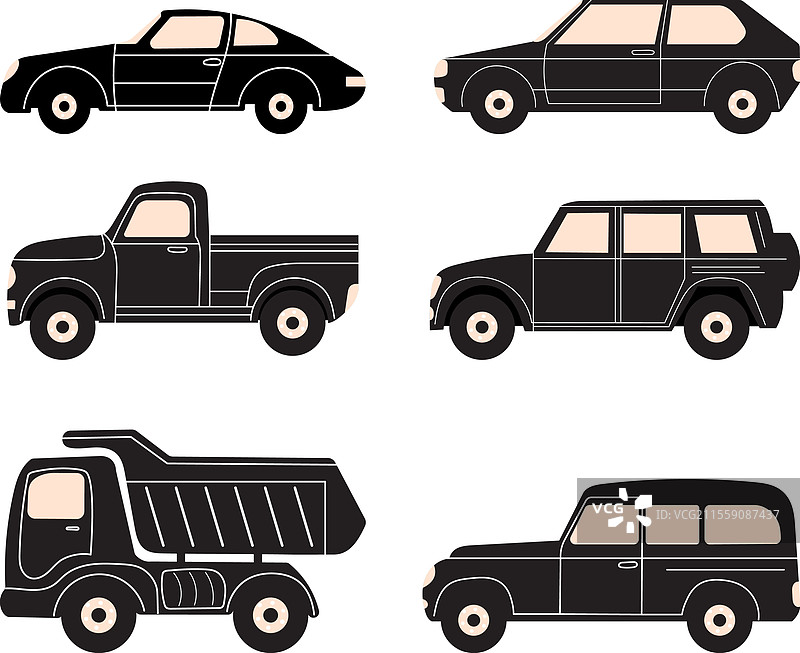 一组孤立的涂鸦风格汽车轮廓图片素材