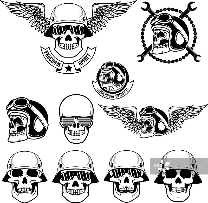 自由精神：一组戴着摩托车头盔的骷髅图片素材