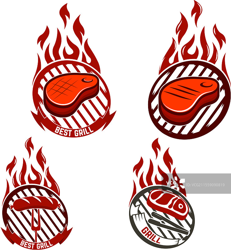 烧烤和烤架图标设计的标签套件图片素材