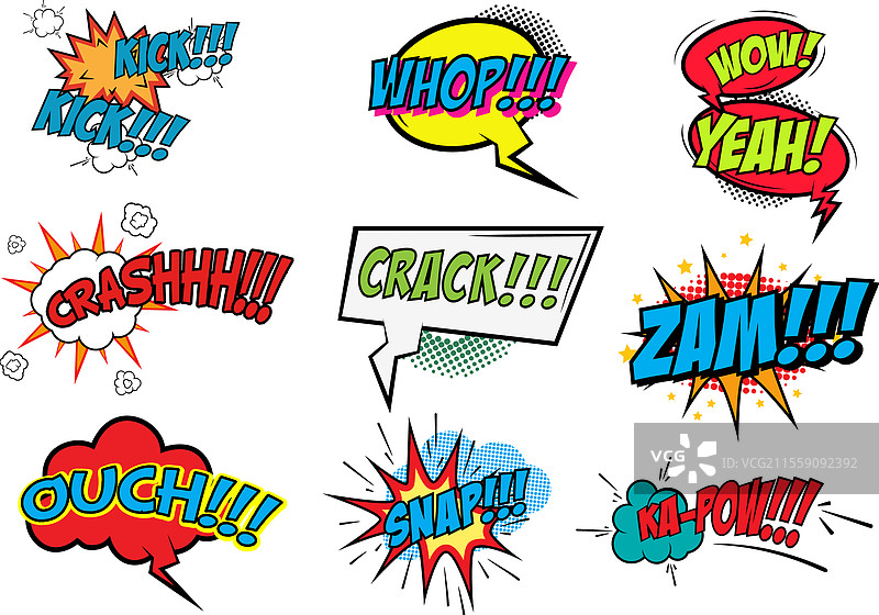 漫画风格的短语组合：砰、撞、裂、啪图片素材