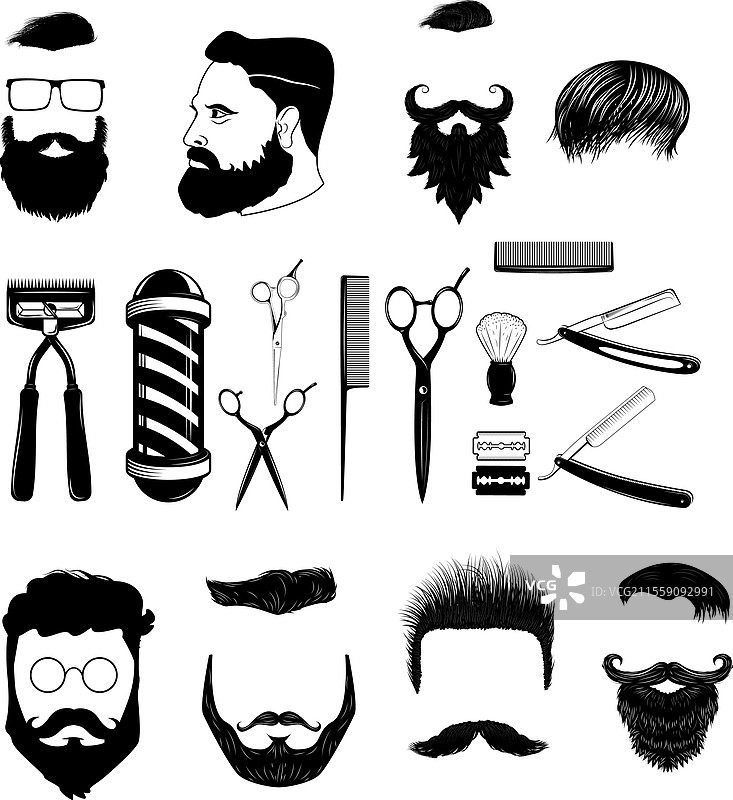 一套复古理发师的单色图标和设计图片素材