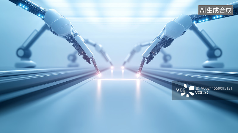 【AI数字艺术】人工智能主题海报——未来工厂采用机械臂进行智能自动化生产图片素材