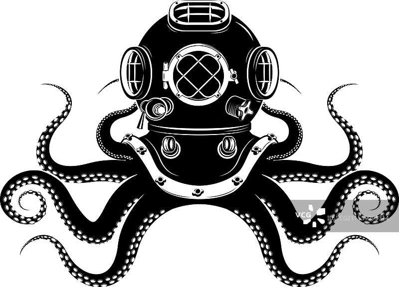 出生于潜水的章鱼，戴着潜水头盔和两个图片素材