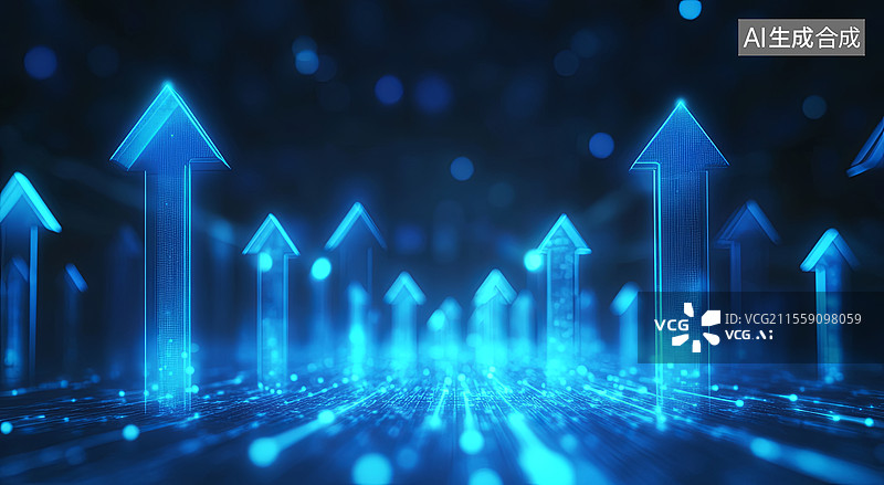 【AI数字艺术】蓝色科技上升箭头与数据流背景图片素材