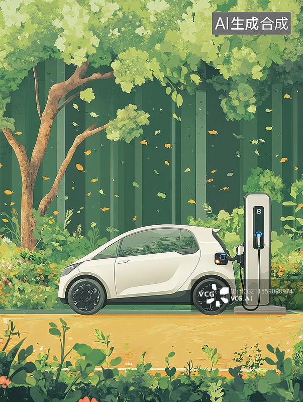 【AI数字艺术】电动汽车在森林中充电图片素材
