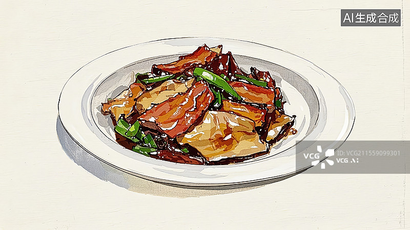 【AI数字艺术】回锅肉小炒肉传统美食手绘插画图片素材