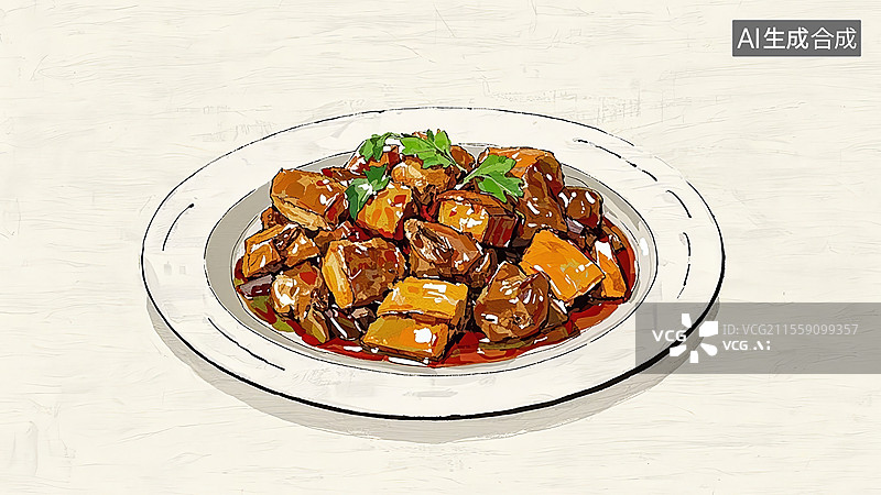 【AI数字艺术】新疆大盘鸡传统美食手绘插画图片素材