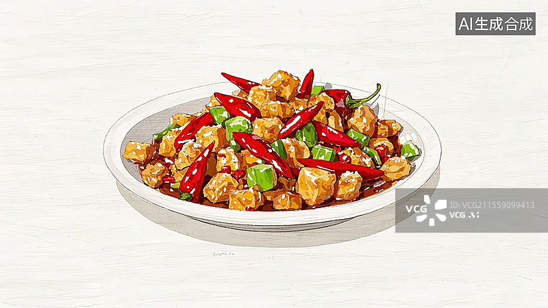 【AI数字艺术】宫保鸡丁传统美食手绘插画图片素材