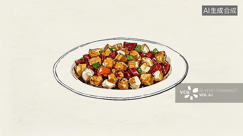 【AI数字艺术】宫保鸡丁传统美食手绘插画图片素材