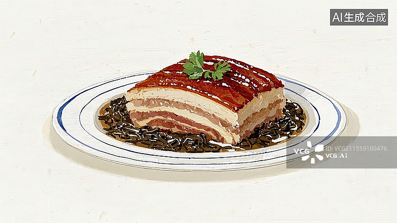 【AI数字艺术】梅菜扣肉烧白盐菜肉传统美食手绘插画图片素材