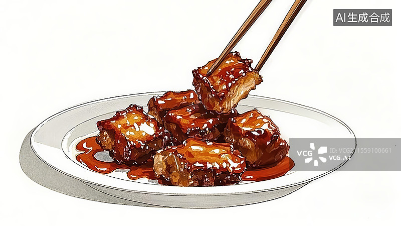 【AI数字艺术】糖醋排骨家常菜传统美食手绘插画图片素材