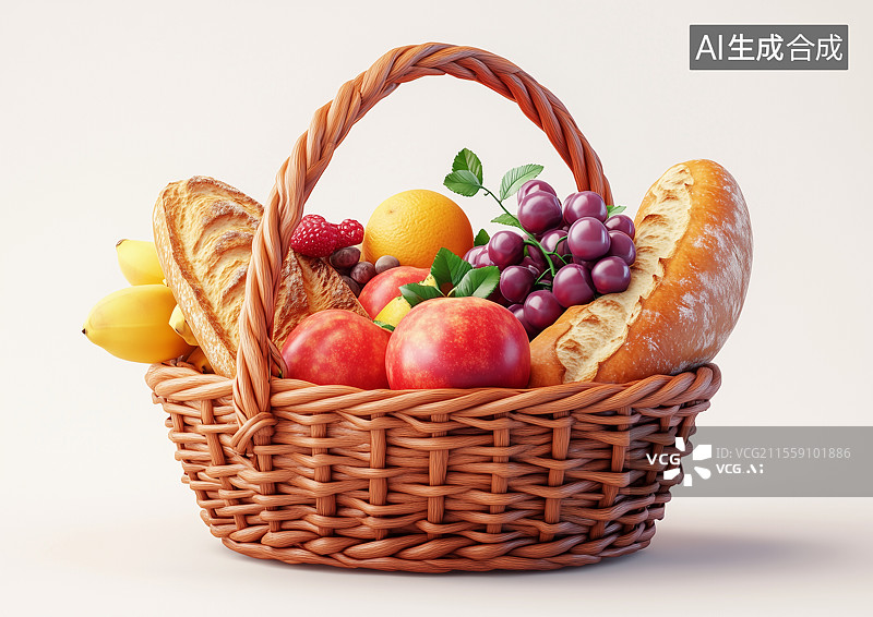 【AI数字艺术】3D卡通装满水果面包的篮子图片素材