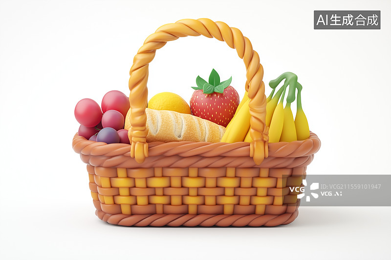 【AI数字艺术】3D卡通装满水果面包的篮子图片素材