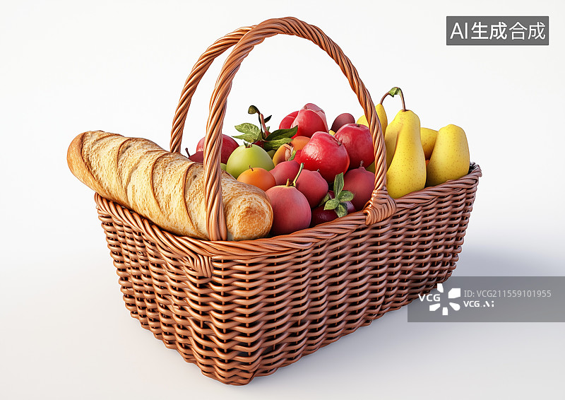【AI数字艺术】3D卡通装满水果面包的篮子图片素材