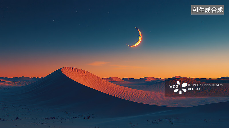 【AI数字艺术】夜晚新月下的沙漠沙丘图片素材