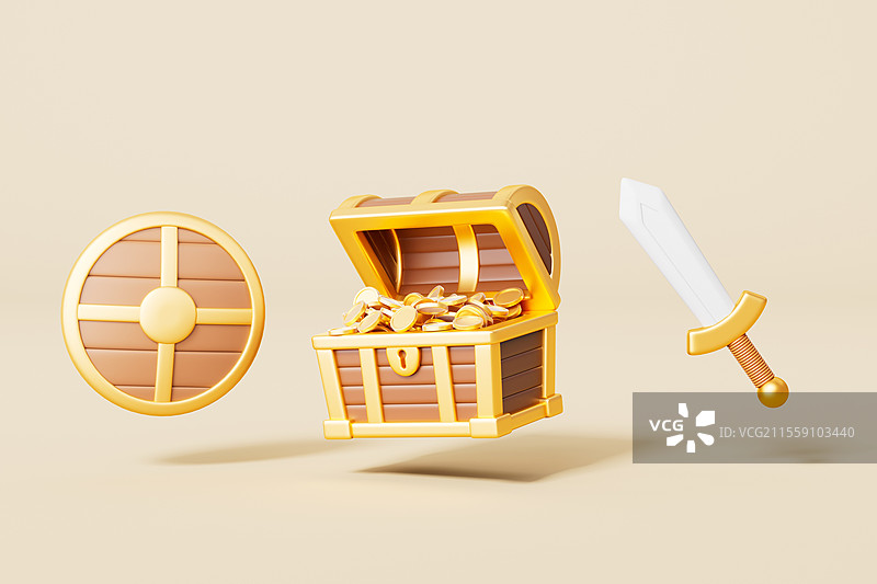 三维渲染黄色背景下的宝箱金币和剑盾图片素材