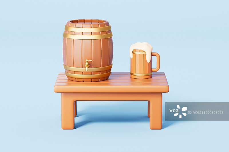 三维渲染蓝色背景下的酒桶和啤酒杯图片素材