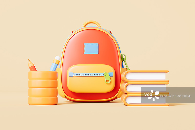 三维渲染黄色背景下的书包和书本文具图片素材