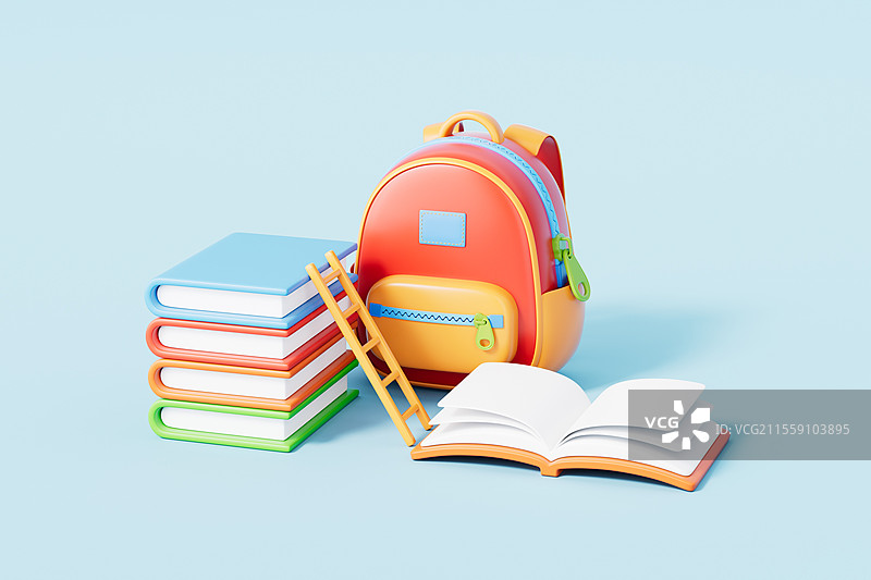 三维渲染蓝色背景下的书包和书本阶梯图片素材