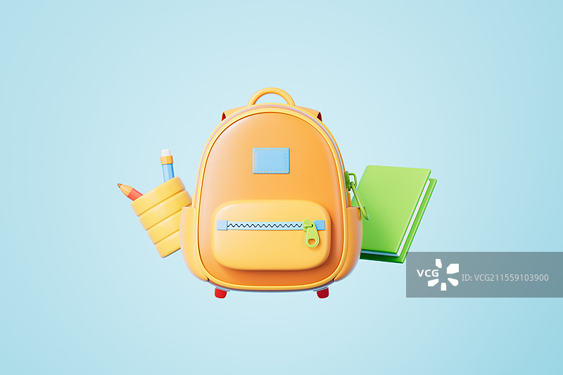 三维渲染蓝色背景下的书包和书本文具图片素材