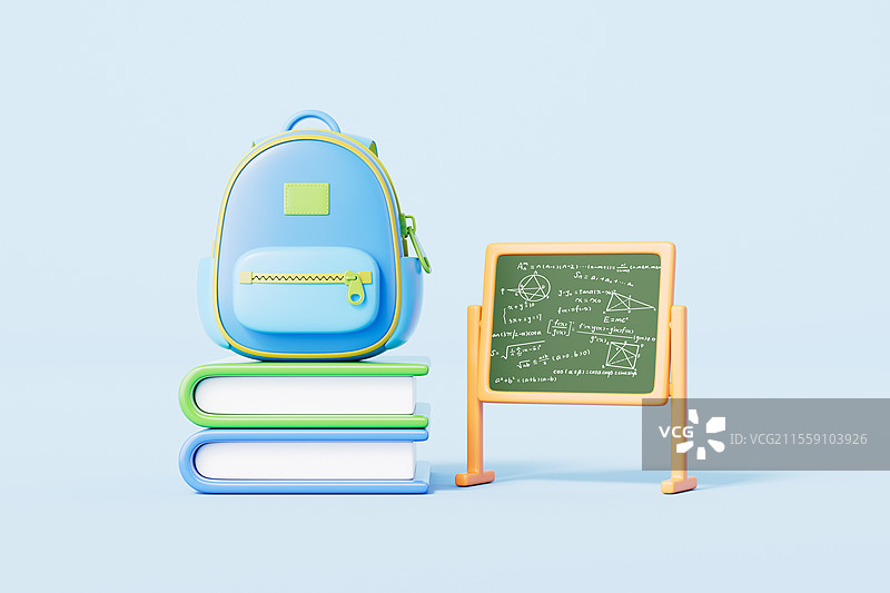 三维渲染蓝色背景下的书包和书本黑板图片素材