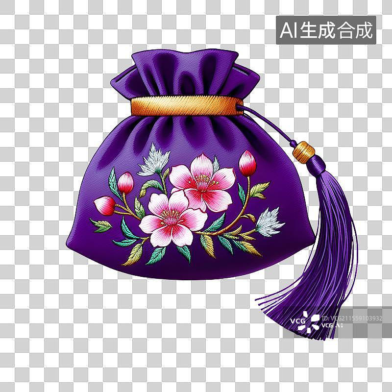 【AI数字艺术】国风小物件，香囊，荷包，紫色锦缎香包锦囊流苏绣花挂件免抠元素图片素材