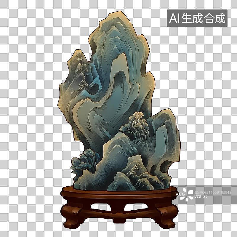 【AI数字艺术】国风手绘插画，中式文房摆件，观赏石，假山奇石摆件，免抠元素图片素材
