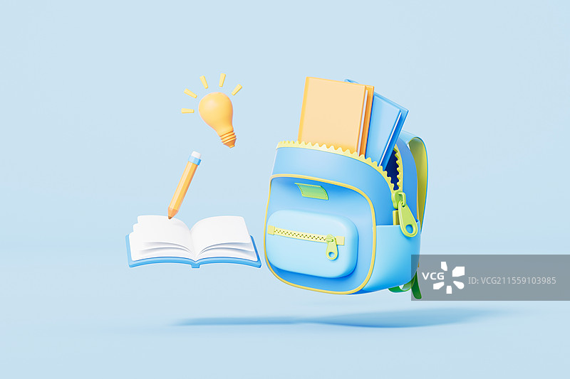 三维渲染蓝色背景下的书包和书本文具图片素材