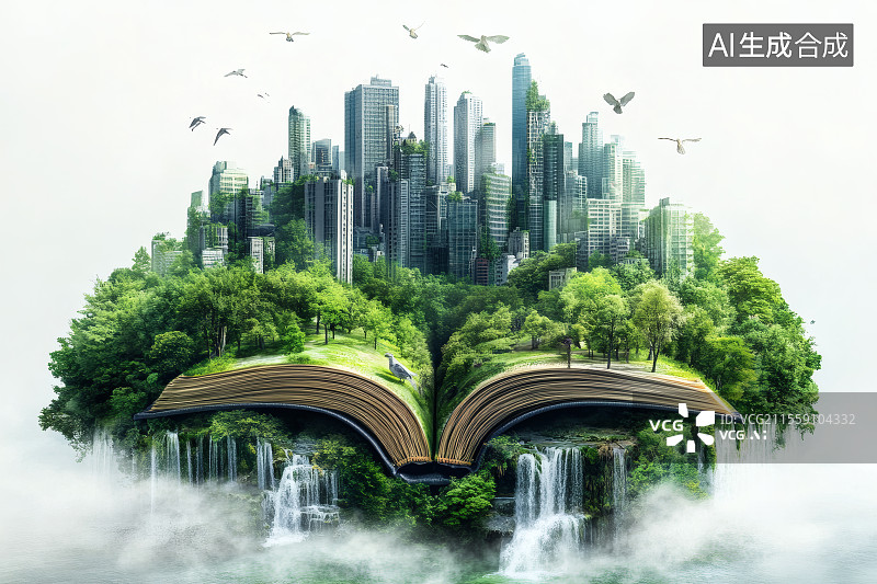 【AI数字艺术】翻页的书本上植被茂盛，城市高楼林立，人与自然和谐相处图片素材