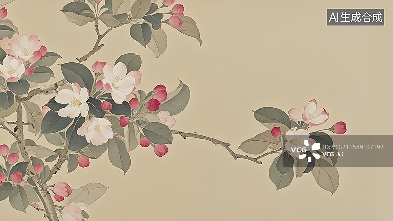 【AI数字艺术】水墨画海棠花等花卉装饰背景图片素材