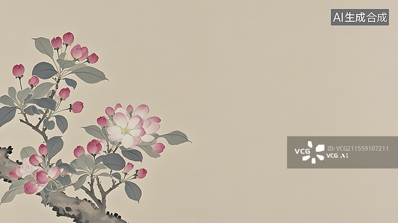 【AI数字艺术】水墨画海棠花等花卉装饰背景居左图片素材