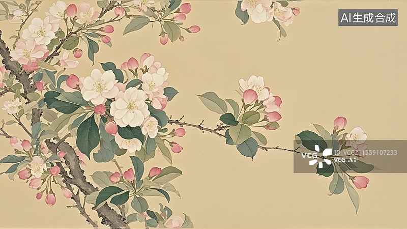 【AI数字艺术】水墨画海棠花等花卉装饰背景图片素材