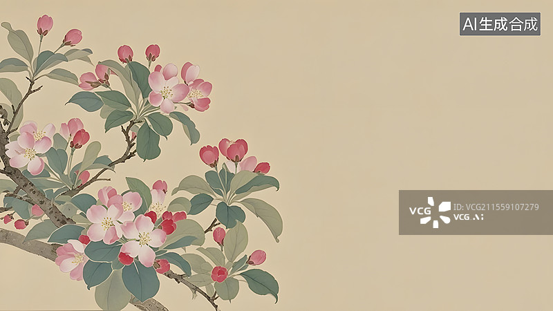 【AI数字艺术】水墨画海棠花等花卉装饰背景居左图片素材