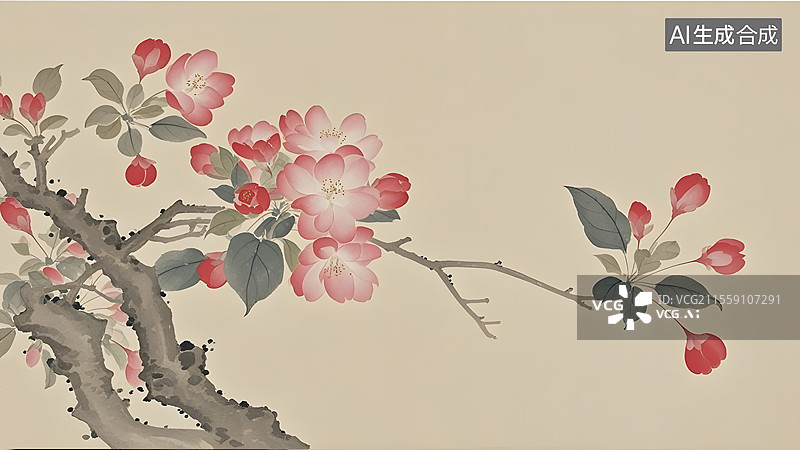 【AI数字艺术】水墨画海棠花等花卉装饰背景图片素材