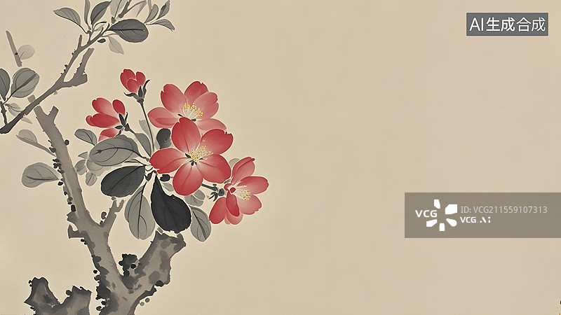 【AI数字艺术】水墨画海棠花等花卉装饰背景居左图片素材