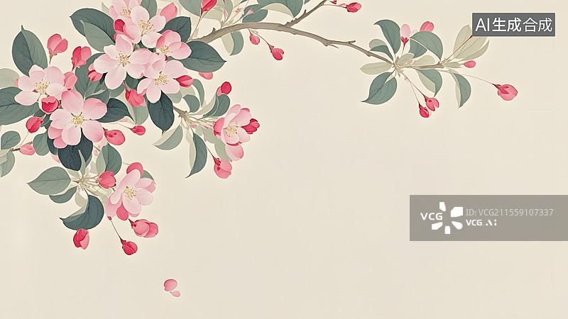 【AI数字艺术】水墨画海棠花等花卉装饰背景图片素材