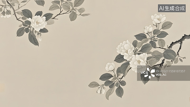 【AI数字艺术】水墨画海棠花等花卉装饰背景两侧图片素材