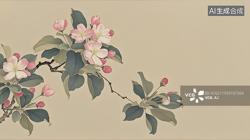 【AI数字艺术】水墨画海棠花等花卉装饰背景图片素材