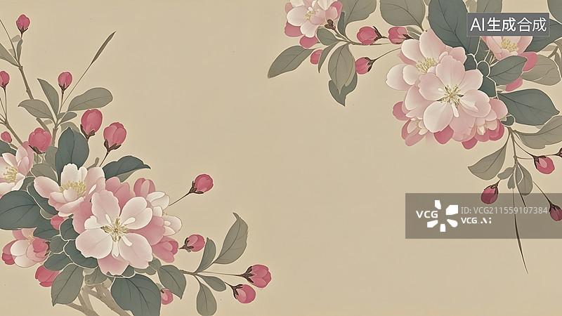 【AI数字艺术】水墨画海棠花等花卉装饰背景两侧图片素材
