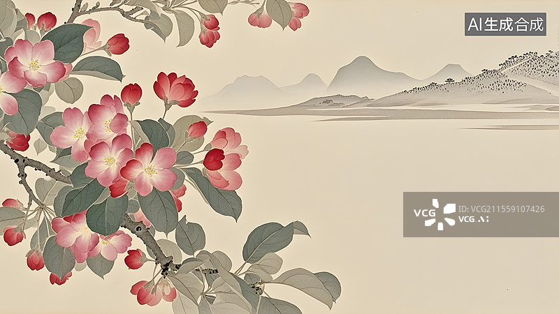【AI数字艺术】水墨画海棠花等花卉装饰背景居左图片素材