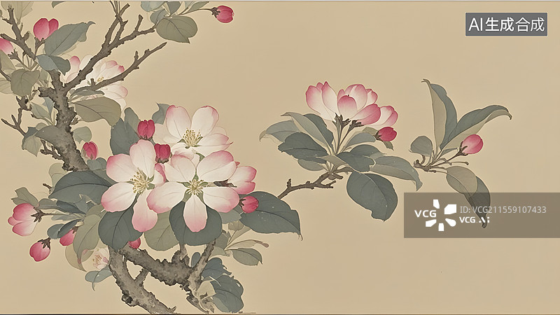 【AI数字艺术】水墨画海棠花等花卉装饰背景图片素材