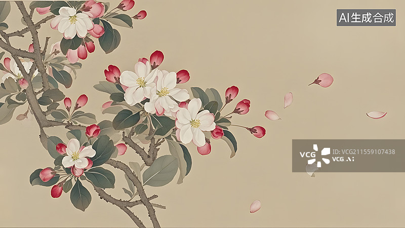 【AI数字艺术】水墨画海棠花等花卉装饰背景居左图片素材