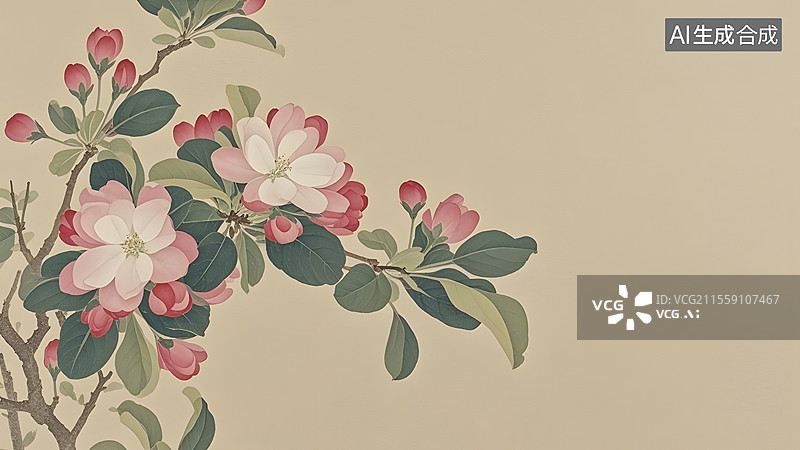 【AI数字艺术】水墨画海棠花等花卉装饰背景居左图片素材
