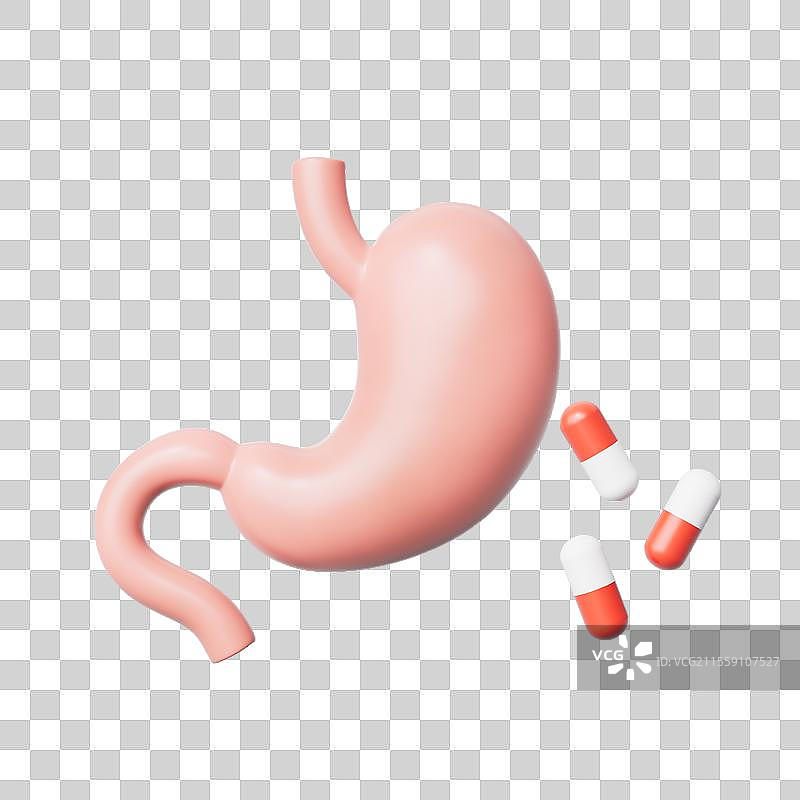 三维渲染胃部和胶囊药物免抠元素图片素材